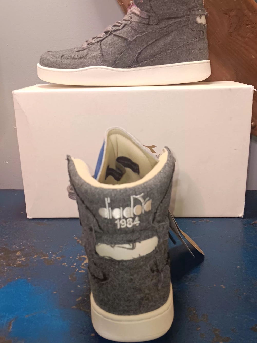 Diadora High-Top Wool Sneakers in Heather Gray with Blue Tongue - Picture 5 of 7